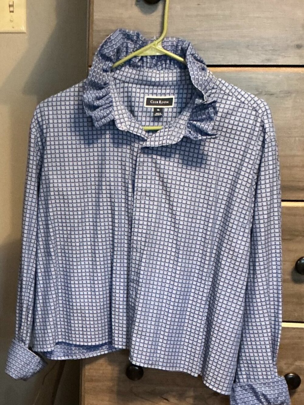 Upcycled XL cropped shirt with ruffle collar, blue check, women's blouse